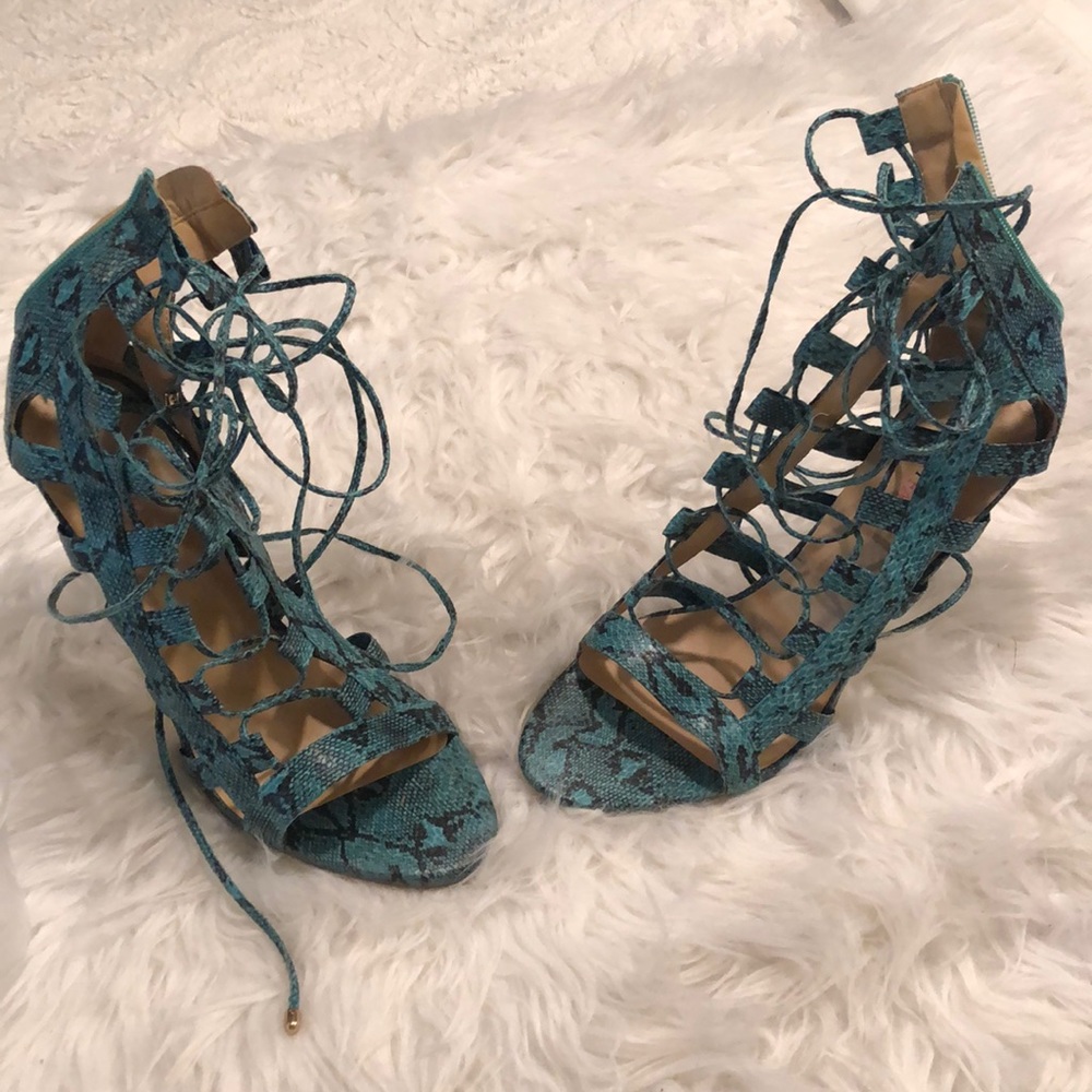 snake skin tie up heels